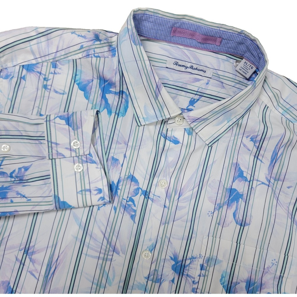 Tommy Bahama Mens XL White Blue Striped Floral Button Down Long Sleeve Silk
